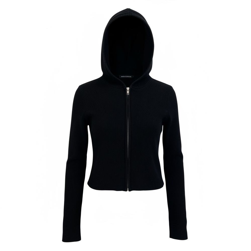 Brandy Melville Black Ribbed Knit Zip Up Hoodie Cardigan Y2K Fitted